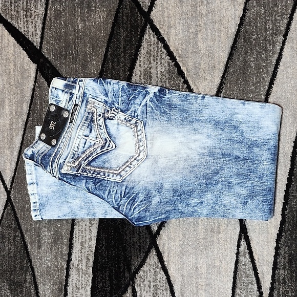 Miss Me Denim - MISS ME EMBROIDERED FAUX-FLAP RHINESTONES ACID-WASH SIGNATURE SKINNY DEN…